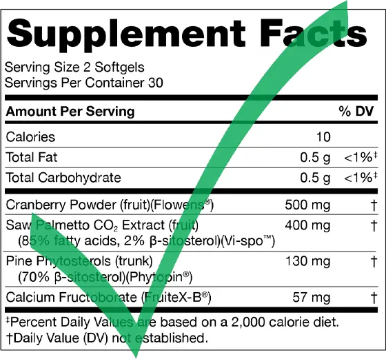 Super Beta Prostate MAX supplement facts with a large green checkmark above it