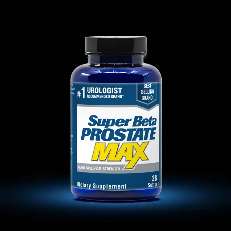 styled image of the nugenix Super Beta Prostate MAX bottle against a stark black background illuminuated by a radiant slate shade of electric blue from above